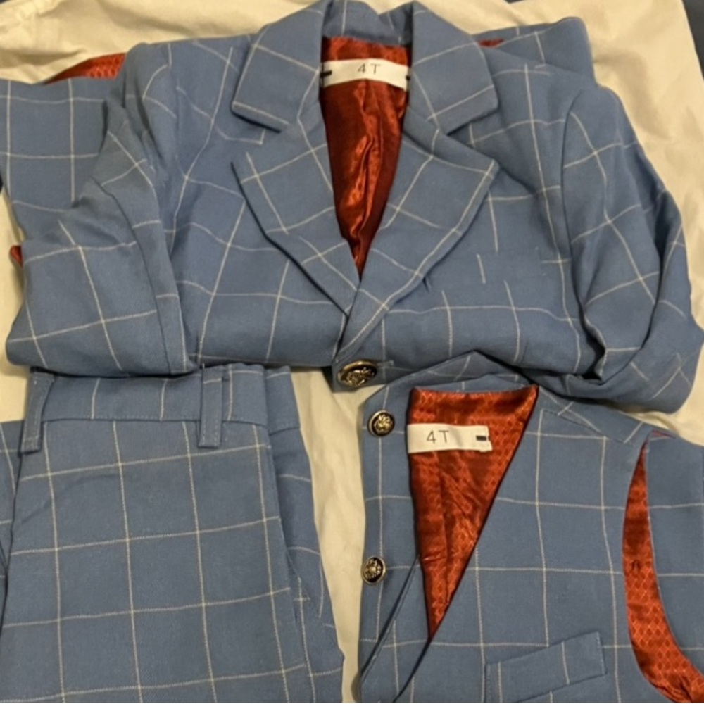 Boy’s Blue Checkered Suit with Red Lining !Accepting Offers!